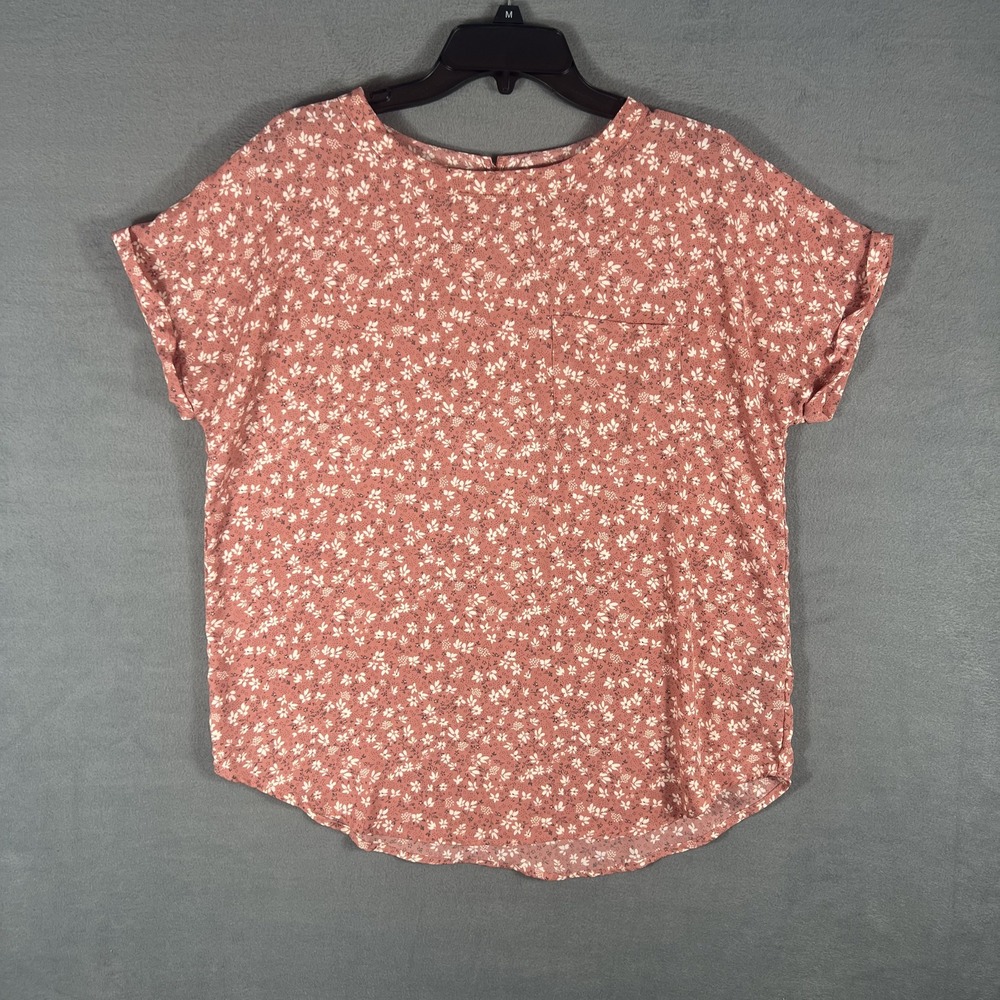 Buffalo David Bitton Women's M Pink Floral Short Sleeve Tunic Top Blouse Pocket